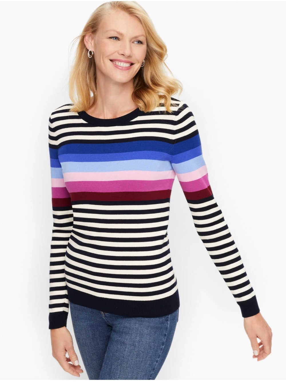 Talbots Size Large Multi Color Striped Crewneck Sweater Cotton Blend - Picture 2 of 8